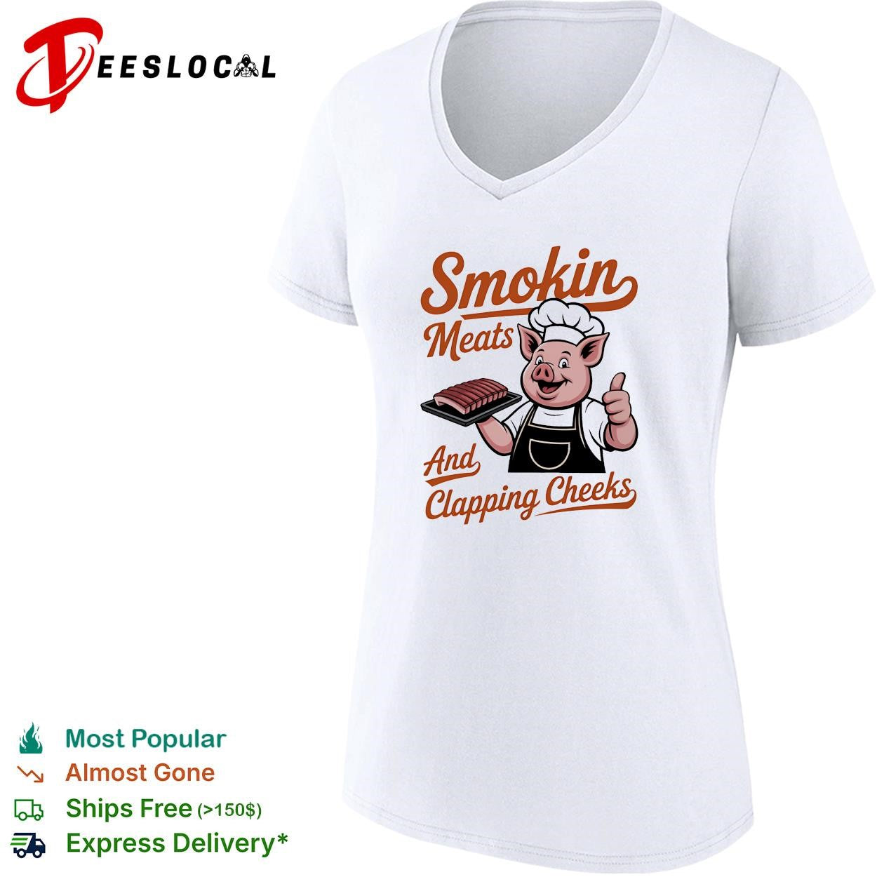 Smokin meats and clapping cheeks pig chef BBQ script lettering graphic shirt