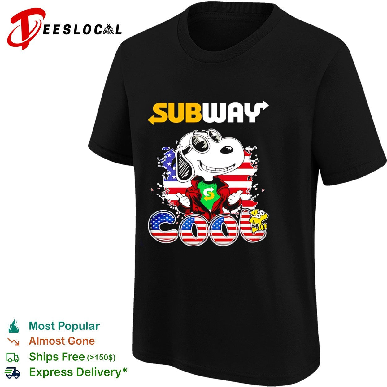 Snoopy and Woodstock Subway cool American Flag USA shirt