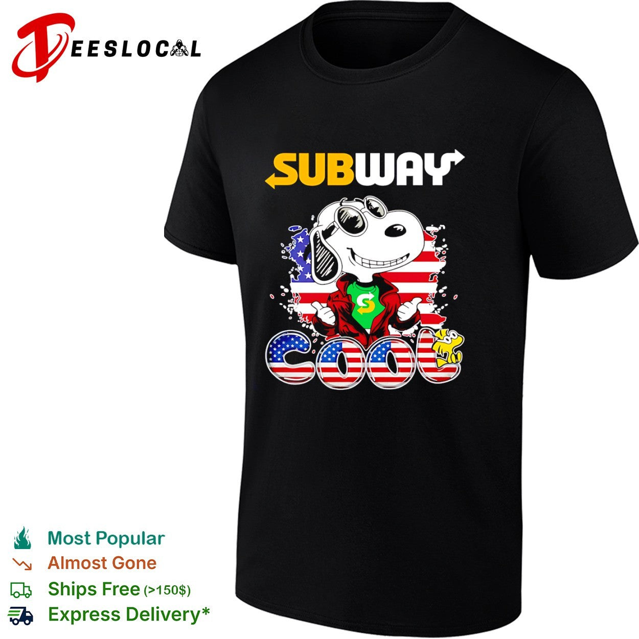 Snoopy and Woodstock Subway cool American Flag USA shirt