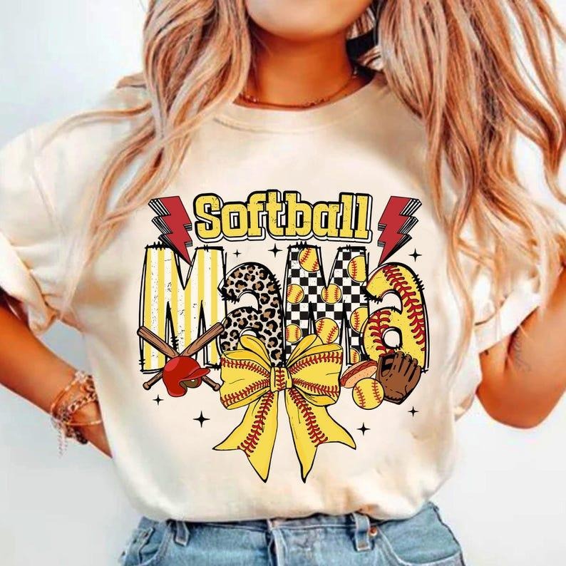 Softball Mama Shirt, Checkered Bow sweatshirt, Team Spirit, Game Day T-Shirt - clothing by TeeHivey.com