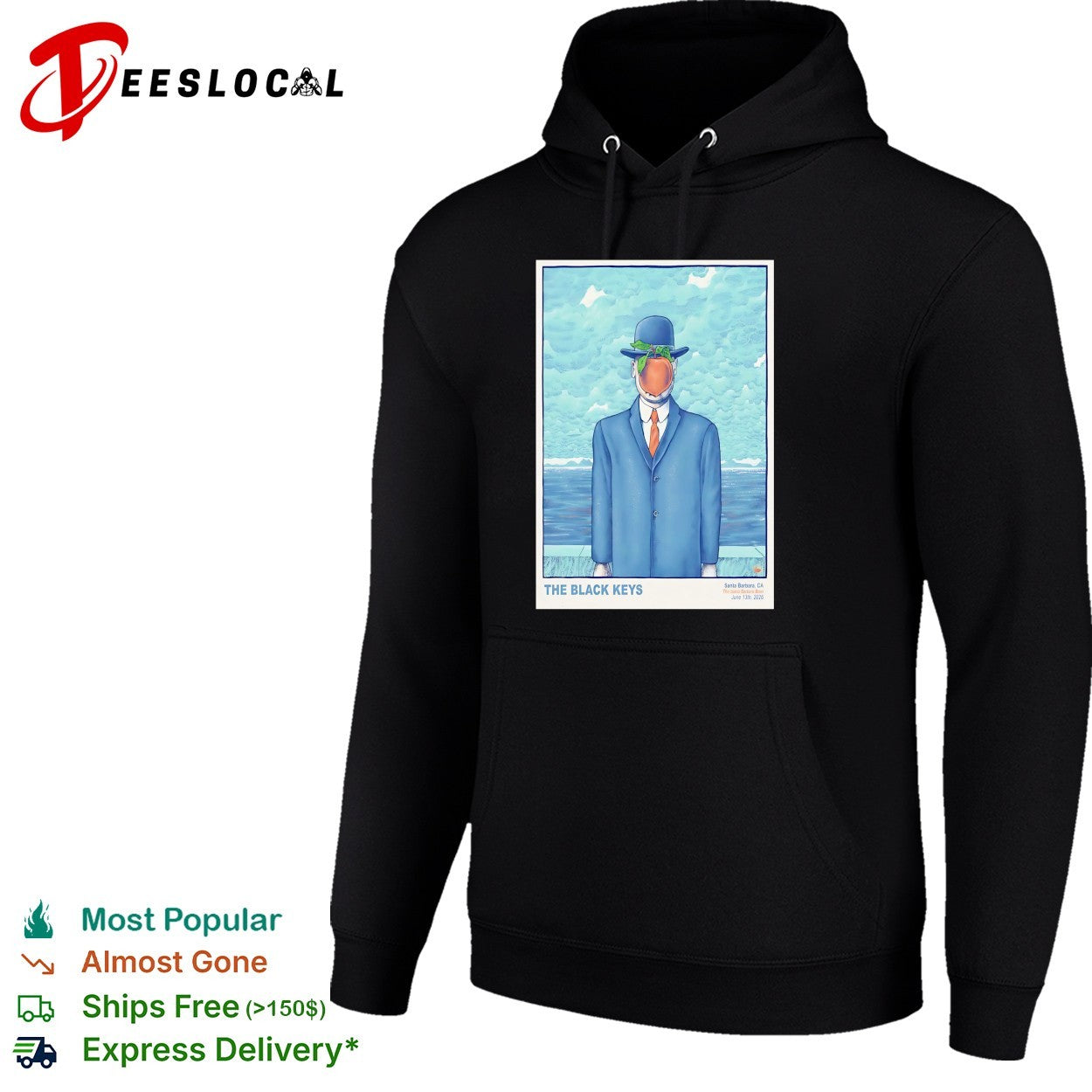 Son of Man surrealist apple face businessman bowler hat ocean concert poster shirt