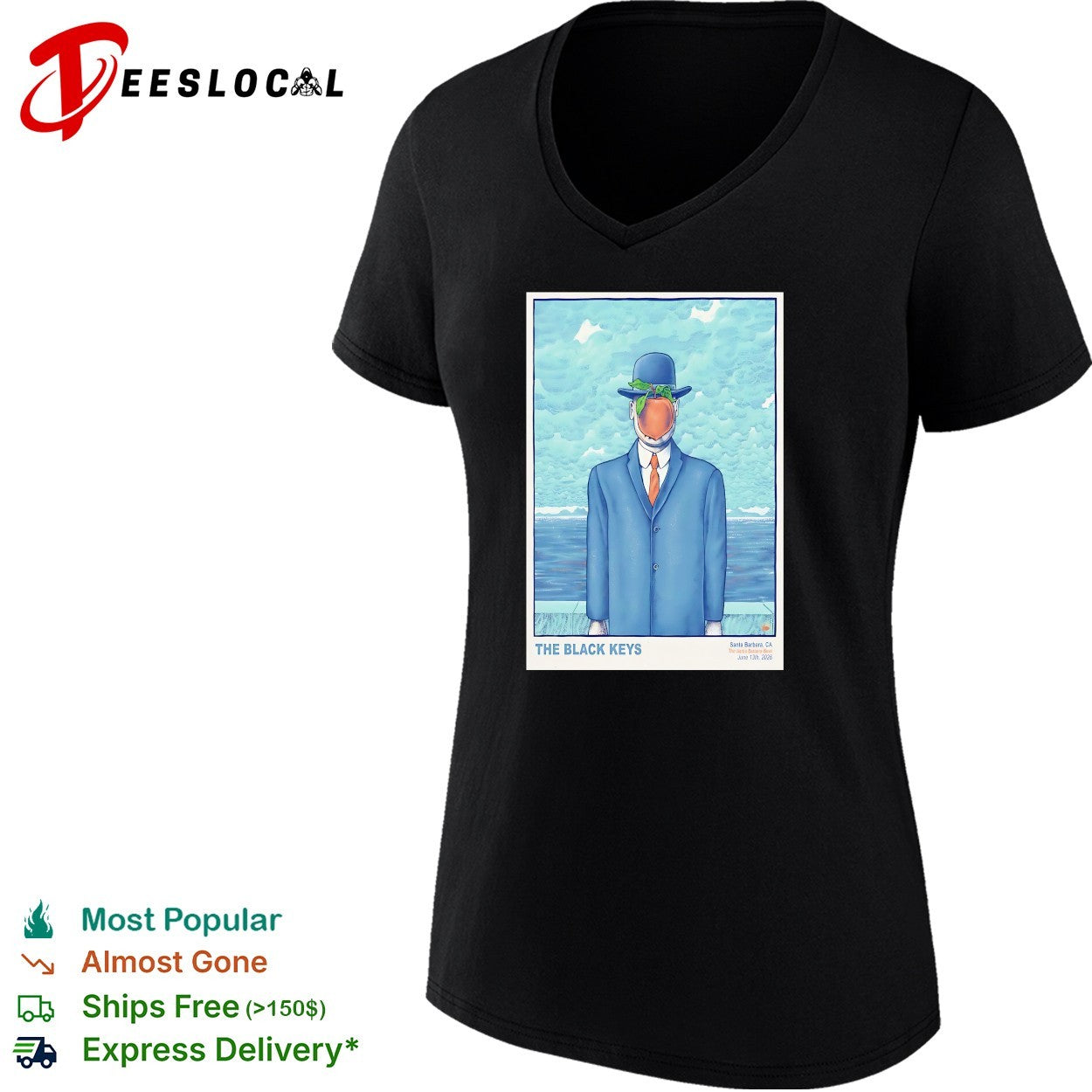 Son of Man surrealist apple face businessman bowler hat ocean concert poster shirt
