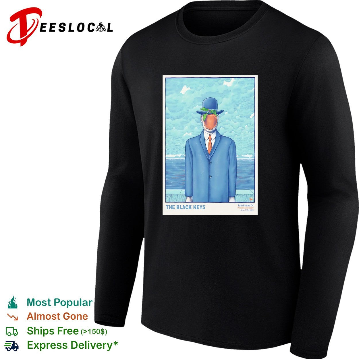 Son of Man surrealist apple face businessman bowler hat ocean concert poster shirt