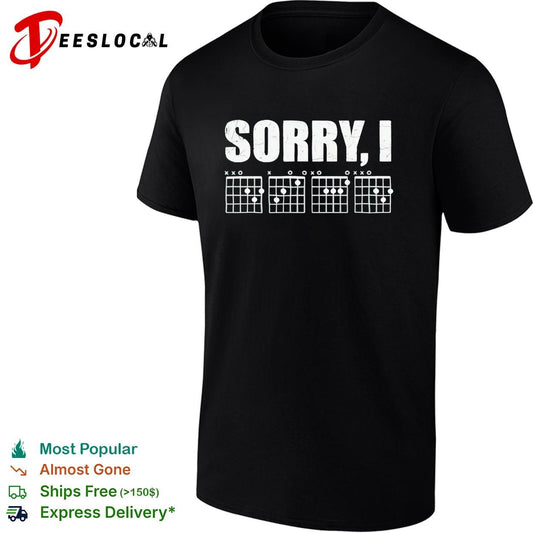 Sorry I distressed bold lettering with guitar chord diagrams band graphic shirt