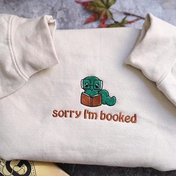 Sorry I'm Booked Bookworm Embroidered Sweatshirt, Bookish Oversized Jumper, Cosy Reading Sweater, Gift for Book Lover,...