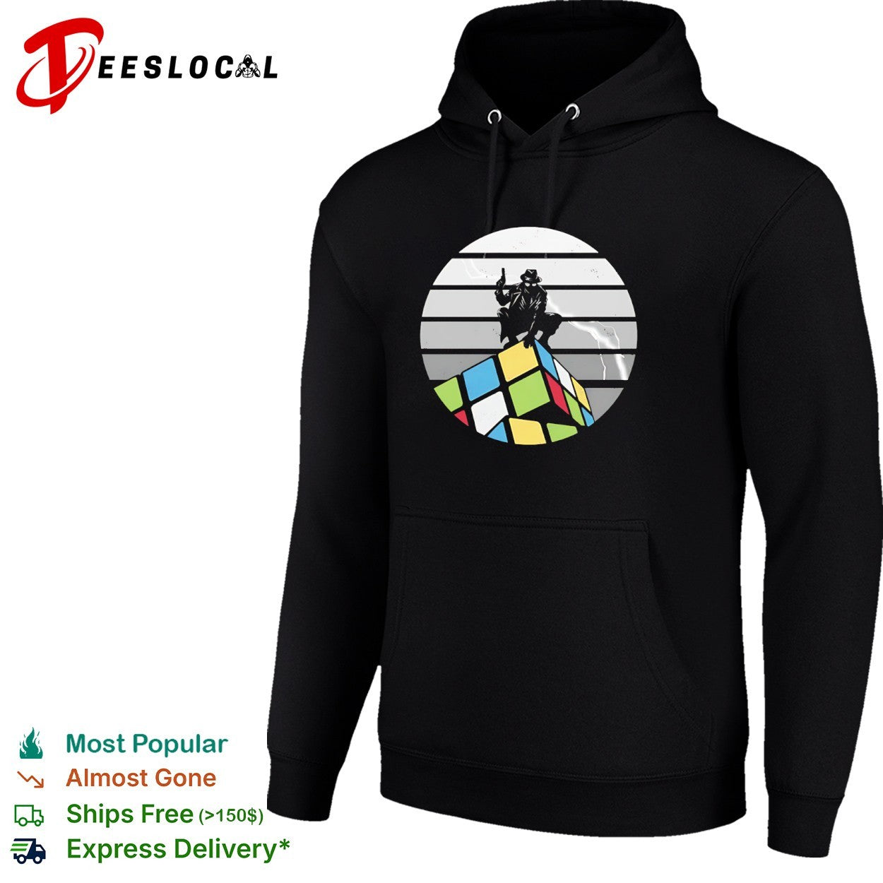 Spider-Man Noir atop a Rubik’s Cube shirt