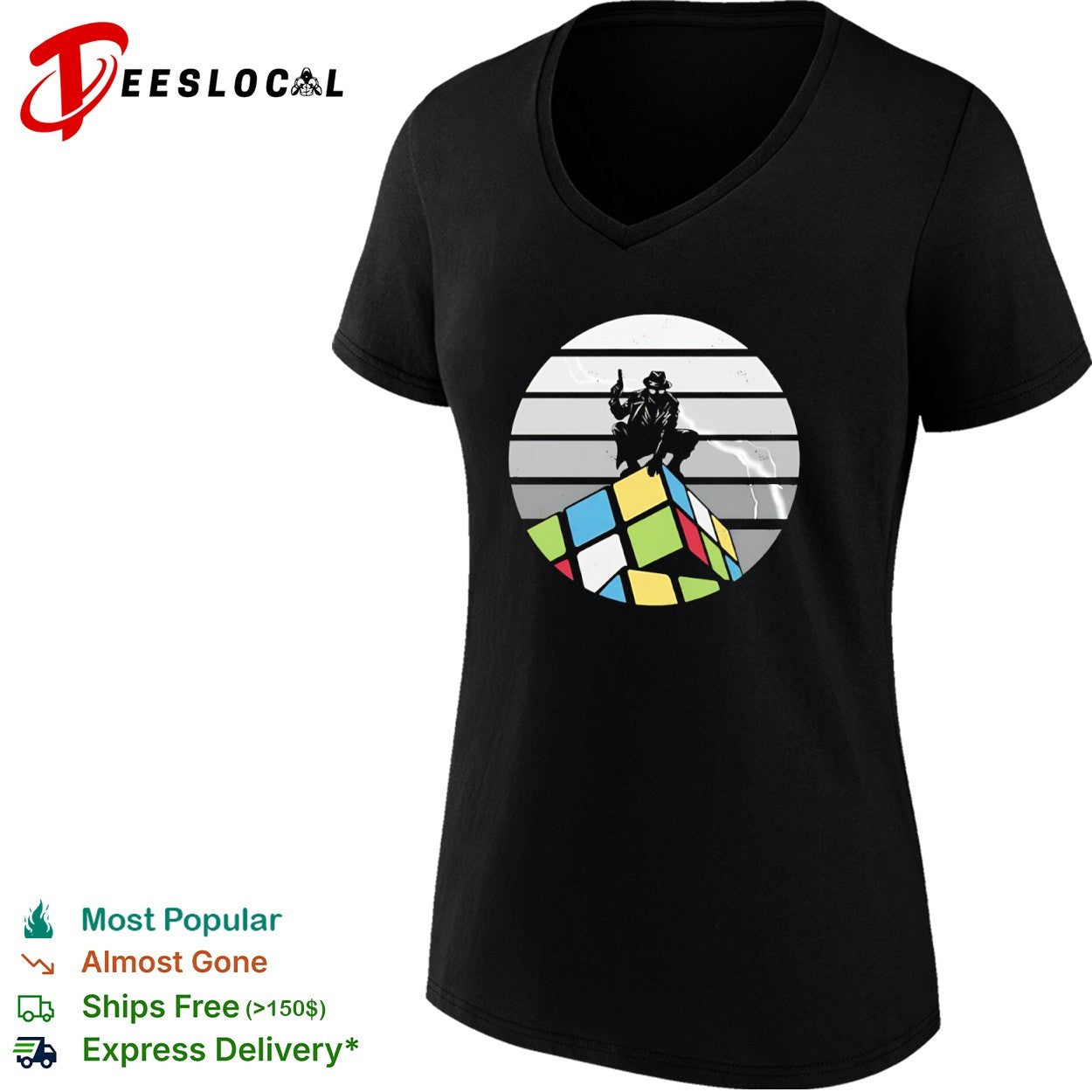Spider-Man Noir atop a Rubik’s Cube shirt