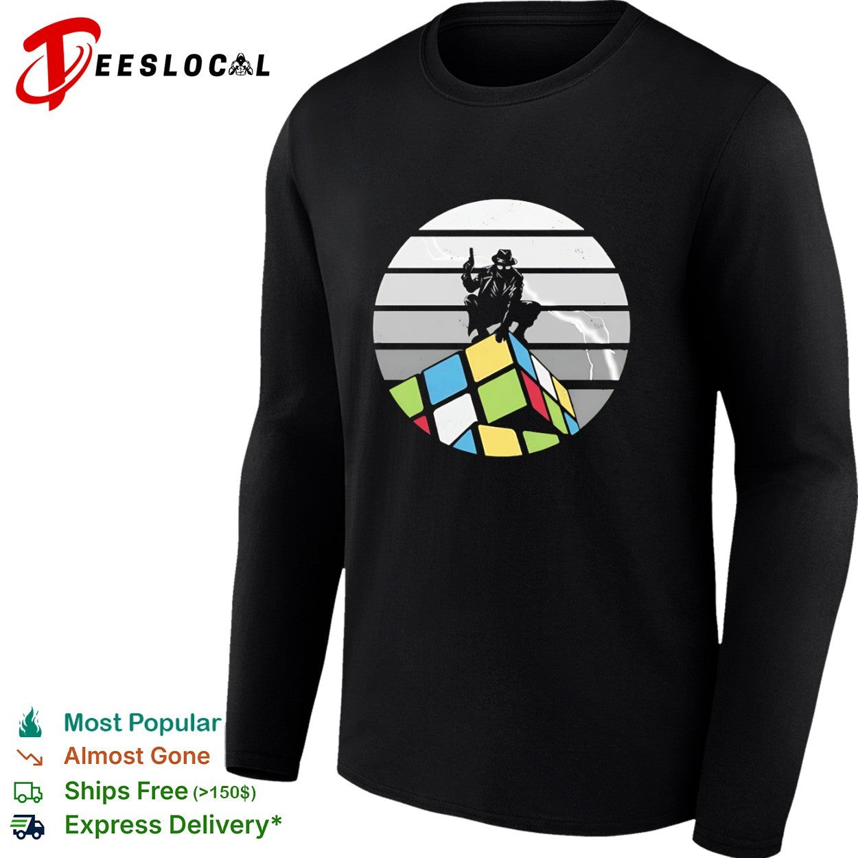 Spider-Man Noir atop a Rubik’s Cube shirt
