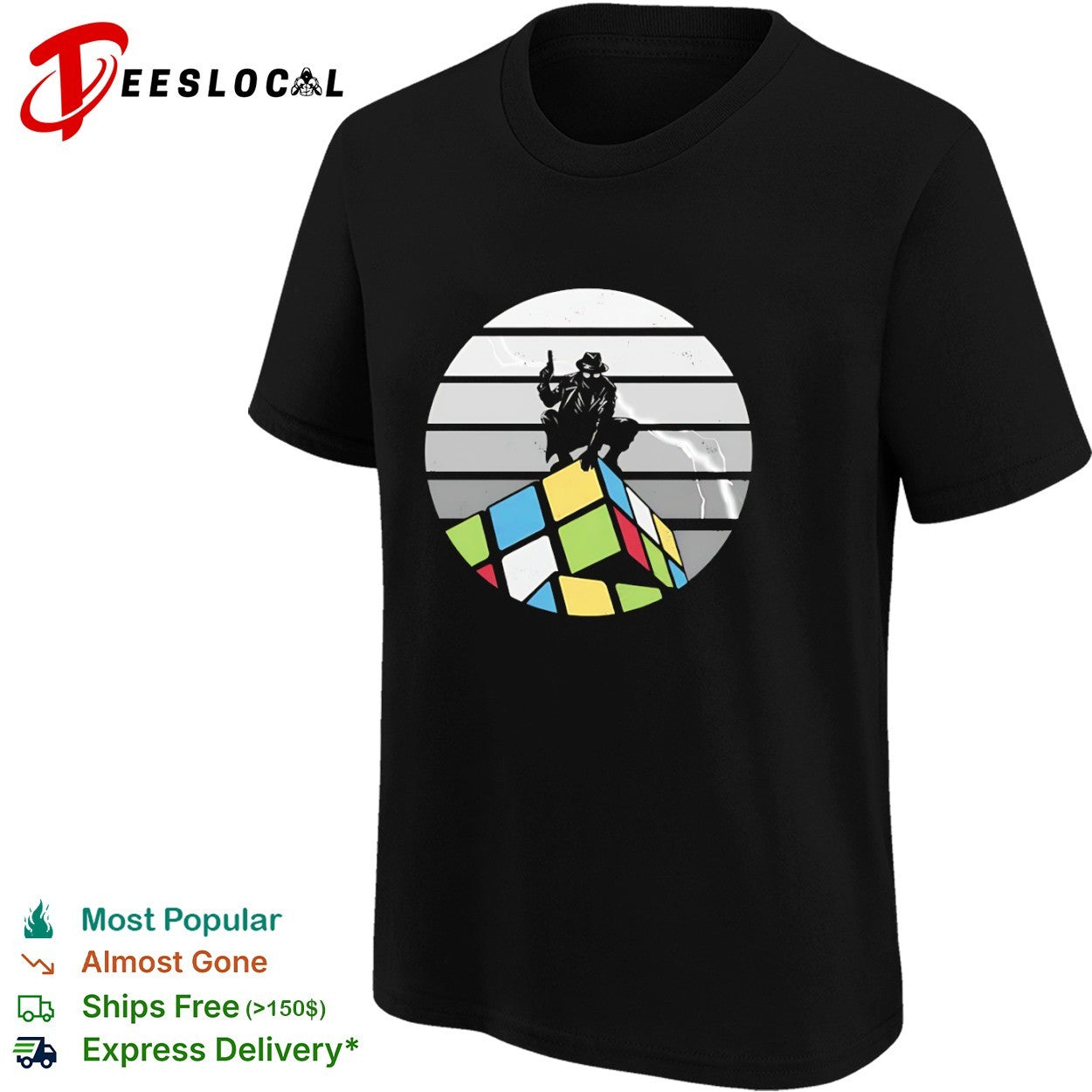 Spider-Man Noir atop a Rubik’s Cube shirt