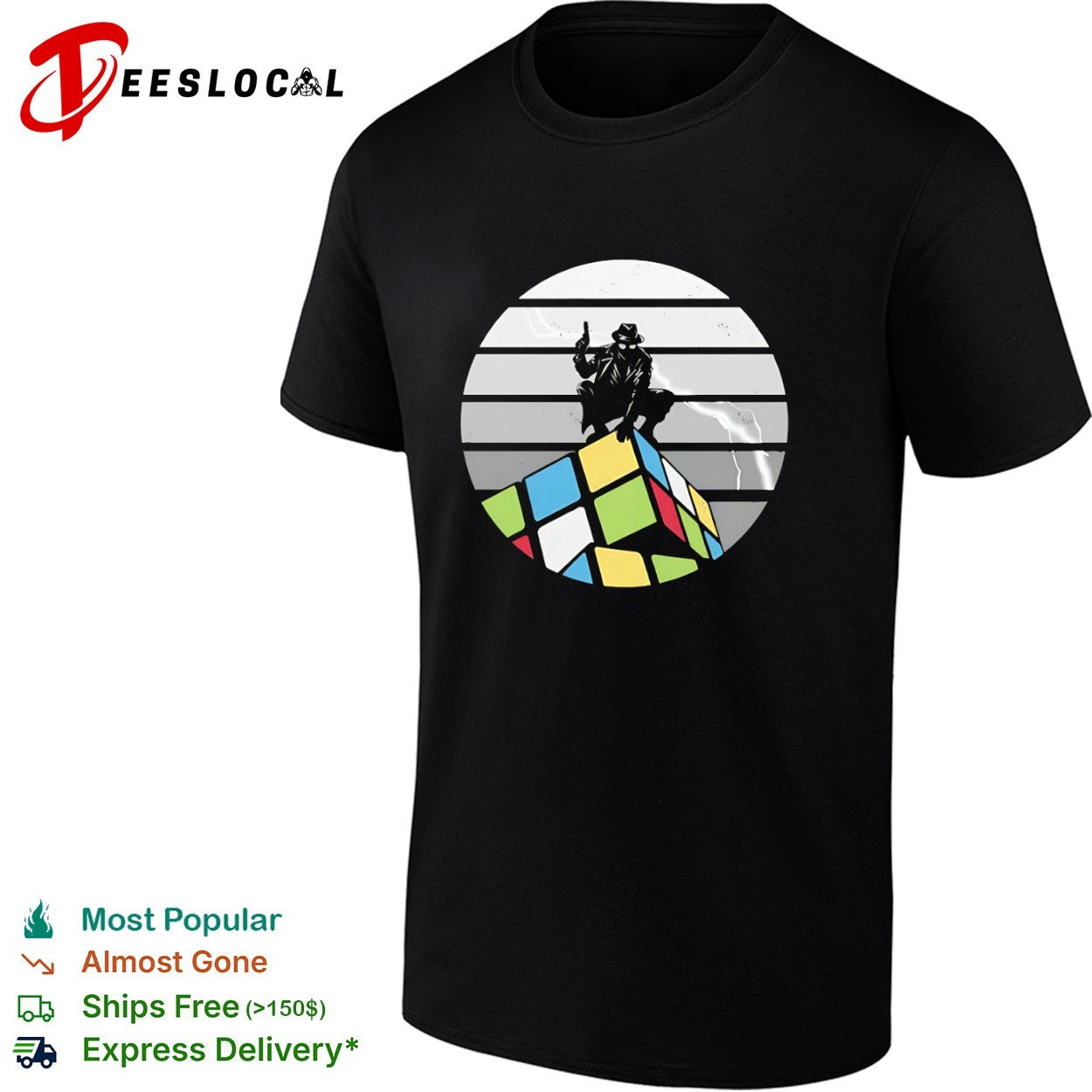 Spider-Man Noir atop a Rubik’s Cube shirt