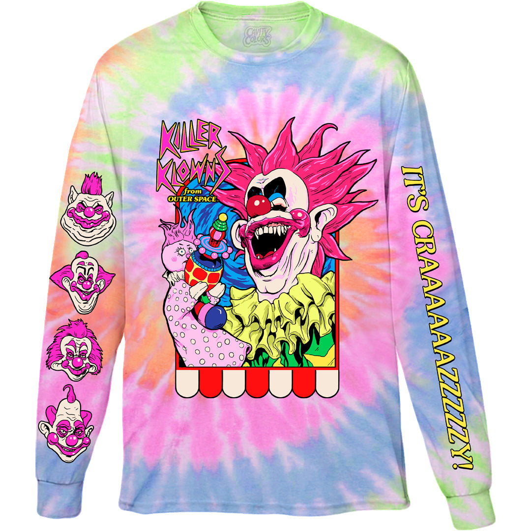KILLER KLOWNS: SPIKEY'S PUPPET SHOW - TIE-DYE LONG SLEEVE SHIRT (RAINBOW TIE DYE) - clothing by TeeHivey.com (Image 1)