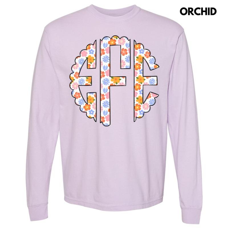 Spring Flowers Monogram Long Sleeve Comfort Colors T-Shirt 'NLB'