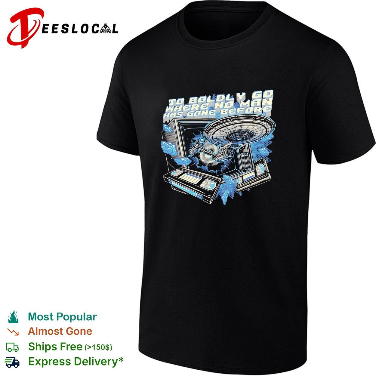 Star Enterprise ship bursting through TV to boldly go shirt
