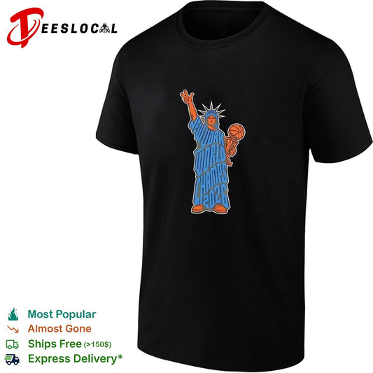 Statue of Liberty New York World Champs 2026 basketball trophy bold illustration shirt