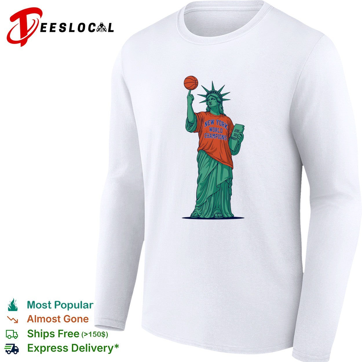 Statue of Liberty wearing New York World Champions Knicks jersey basketball shirt