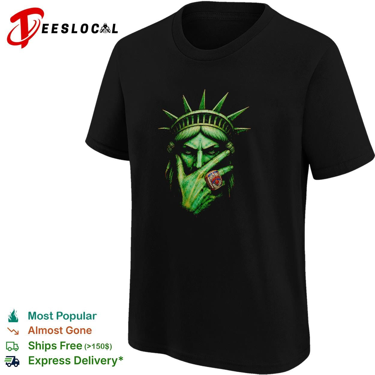 Statue of Liberty wearing championship ring dark gold portrait graphic shirt