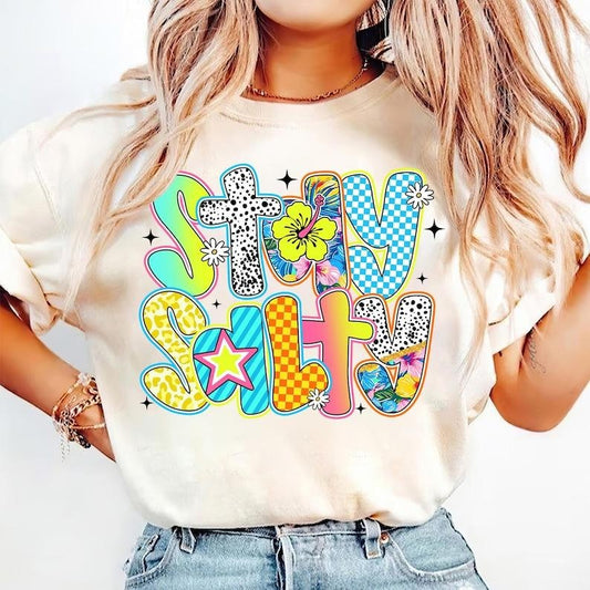 Stay Salty Retro Floral Beach Cute Preppy Coquette Pearl Bow Summer T-Shirt