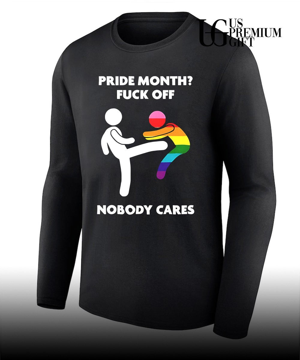 Stick figure kicking rainbow character pride month fuck off nobody cares shirt