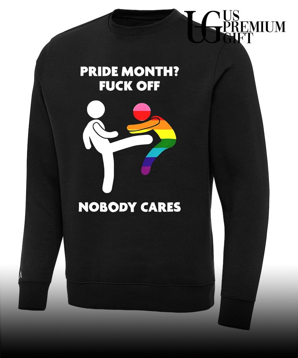 Stick figure kicking rainbow character pride month fuck off nobody cares shirt
