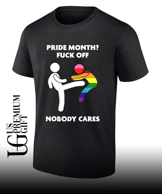 Stick figure kicking rainbow character pride month fuck off nobody cares shirt