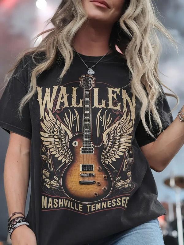 Nashville Tennessee Guitar & Wings Design, Casual Round Neck Short Sleeve Top for Spring/Summer