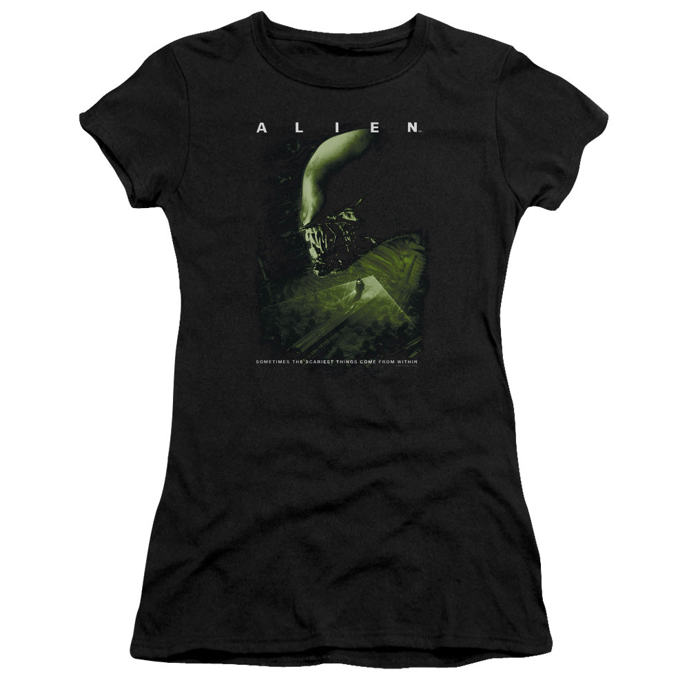 Alien Lurk Junior Sheer Cap Sleeve Womens T Shirt Black