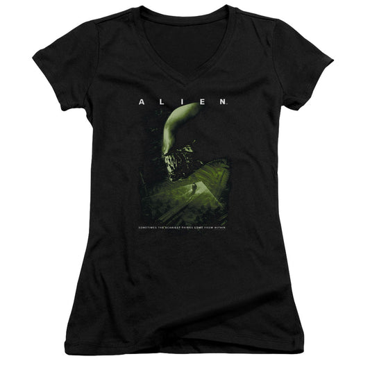 Alien Lurk Junior Sheer Cap Sleeve V-Neck Womens T Shirt Black