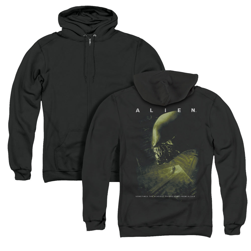 Alien Lurk Back Print Zipper Mens Hoodie Black