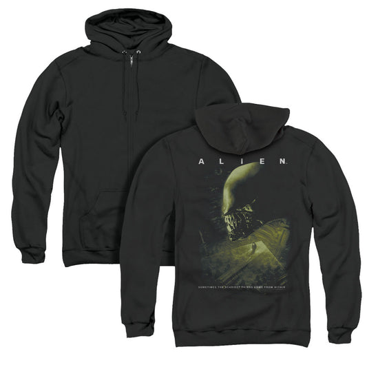 Alien Lurk Back Print Zipper Mens Hoodie Black