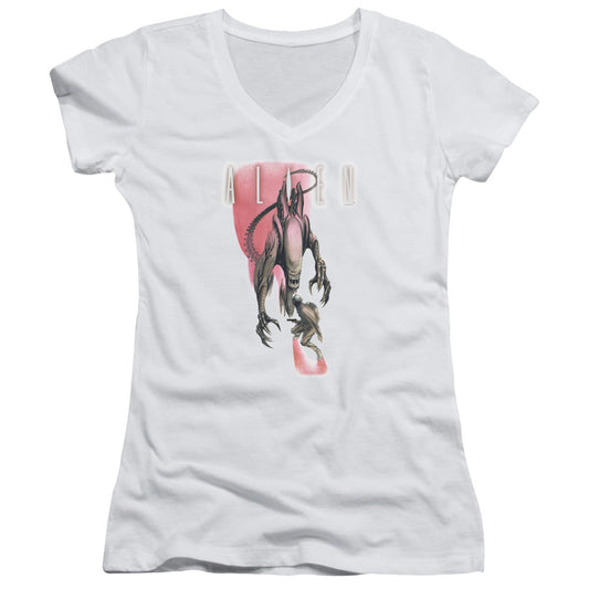 Alien Face Off Junior Sheer Cap Sleeve V-Neck Womens T Shirt White