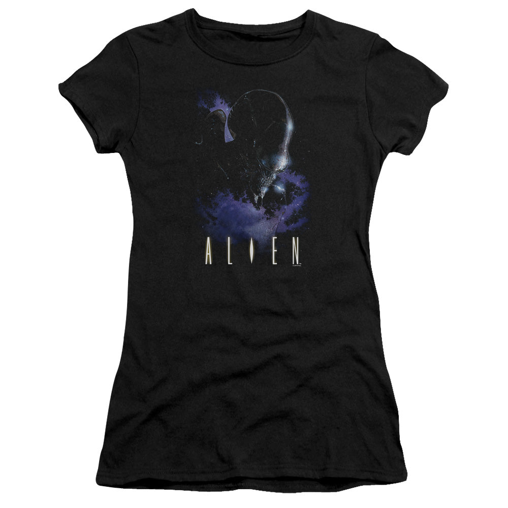 Alien In Space Junior Sheer Cap Sleeve Womens T Shirt Black