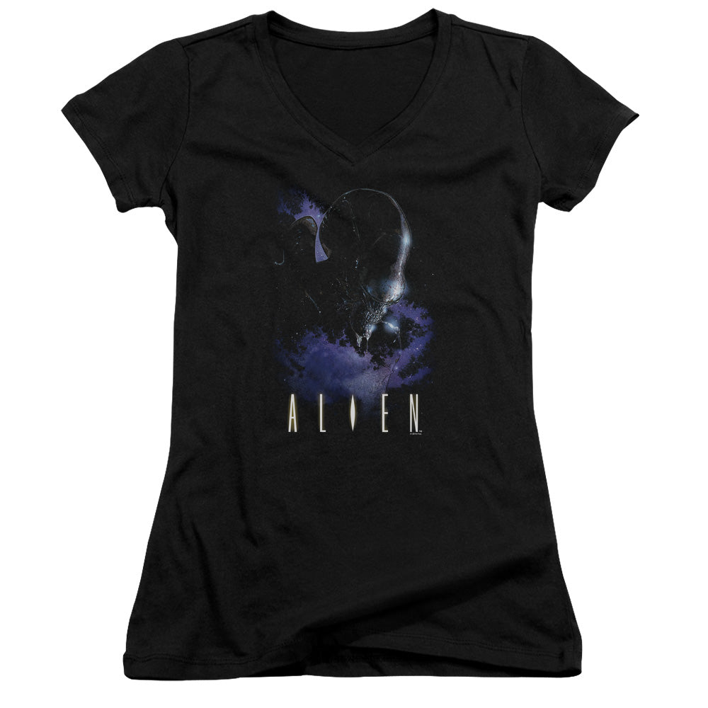 Alien In Space Junior Sheer Cap Sleeve V-Neck Womens T Shirt Black