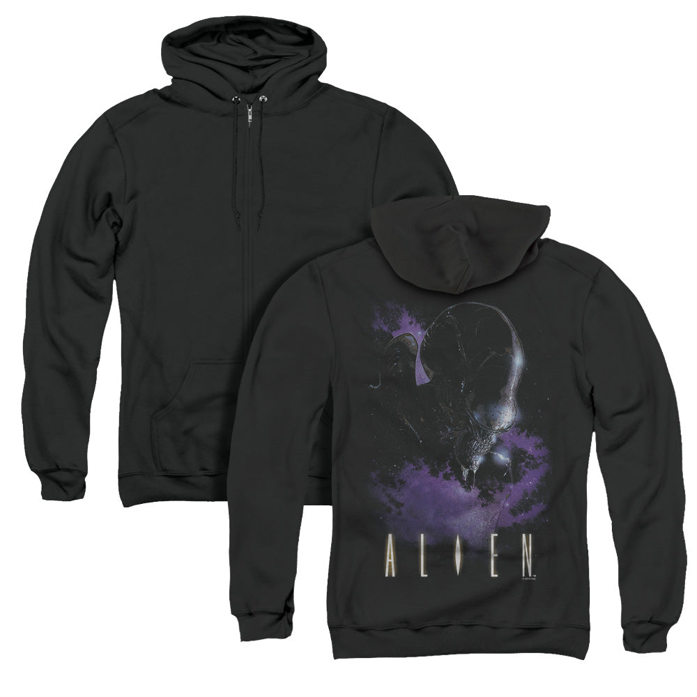 Alien In Space Back Print Zipper Mens Hoodie Black