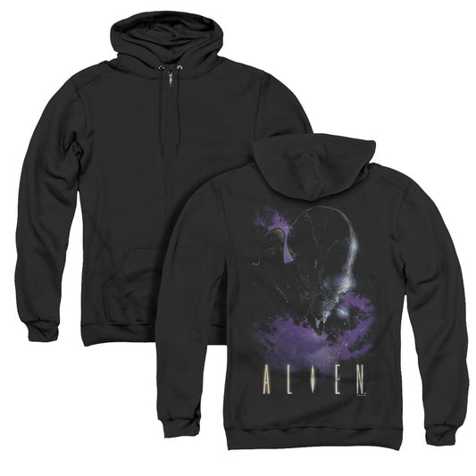 Alien In Space Back Print Zipper Mens Hoodie Black