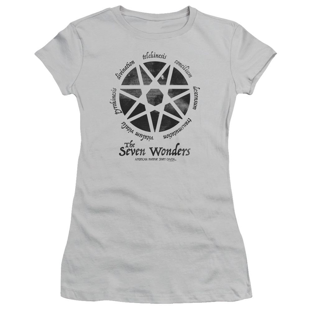 American Horror Story Seven Wonders Junior Sheer Cap Sleeve Womens T Shirt Silver