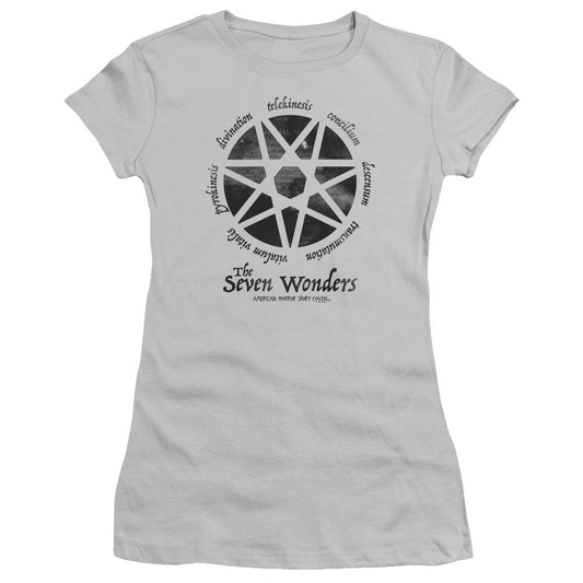 American Horror Story Seven Wonders Junior Sheer Cap Sleeve Womens T Shirt Silver