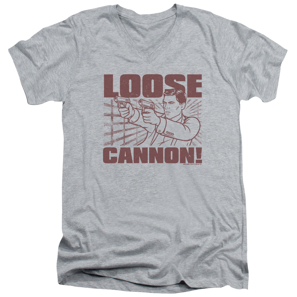 Archer Loose Cannon Mens Slim Fit V-Neck T Shirt Athletic Heather - clothing by TeeHivey.com