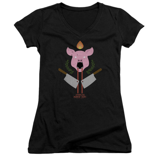 American Horror Story Pig Cleavers Junior Sheer Cap Sleeve V-Neck Womens T Shirt Black