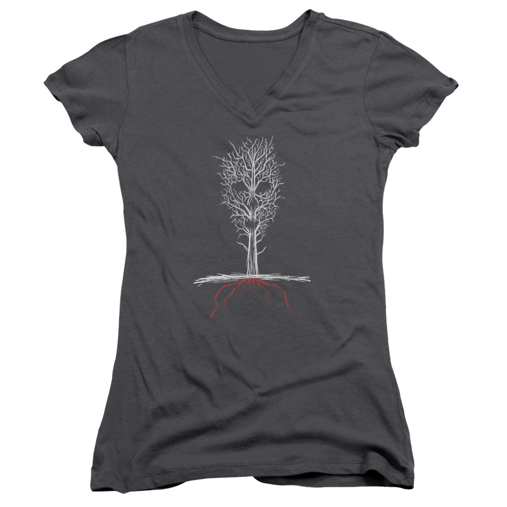 American Horror Story Scary Tree Junior Sheer Cap Sleeve V-Neck Womens T Shirt Charcoal