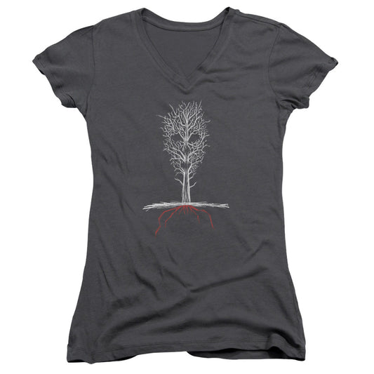 American Horror Story Scary Tree Junior Sheer Cap Sleeve V-Neck Womens T Shirt Charcoal