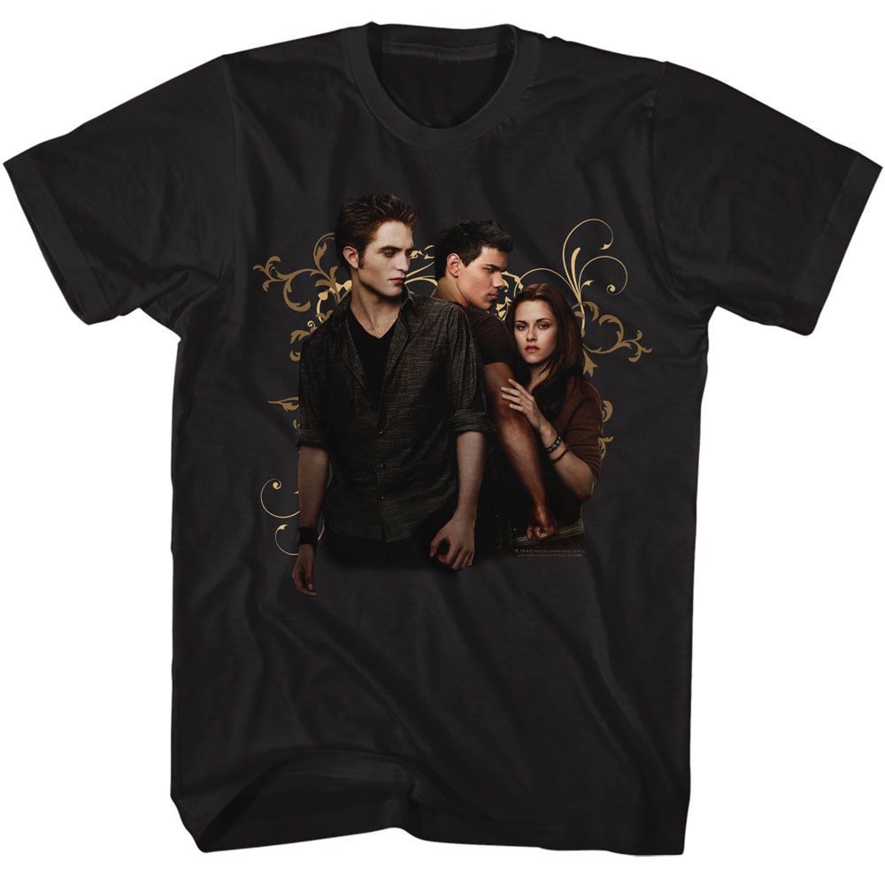 Twilight - Edward Jacob Bella Swirls - American Classics - Solid Black Adult Short Sleeve T-Shirt