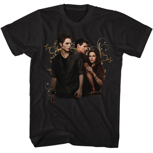 Twilight - Edward Jacob Bella Swirls - American Classics - Solid Black Adult Short Sleeve T-Shirt