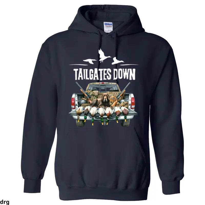 Tailgates Down Hunting Hoodie, Premium Outdoor Apparel for Duck Hunters and Dog Lovers, Comfortable and Warm Sweasthirt with Hunting-Themed Design