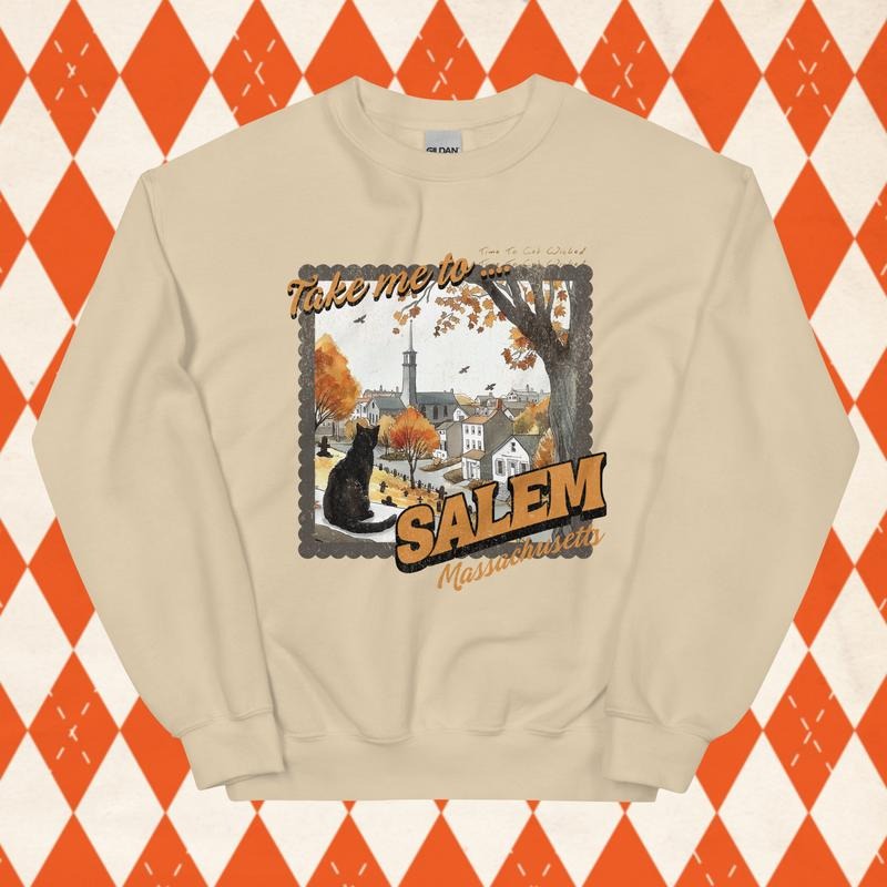 Take Me to Salem Sweatshirt, Witch Crewneck, Spooky Halloween Graphic, Oversized Fit, Casual Comfort, Cotton Pullover Sweater