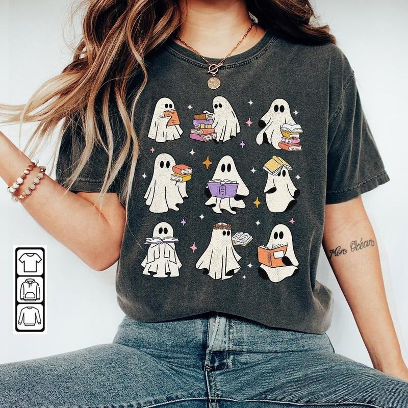 Teacher Ghost Reading Books Sweatshirt, Teacher Ghost Tee, Spooky Vibes Shirt, Trendy Halloween Gift