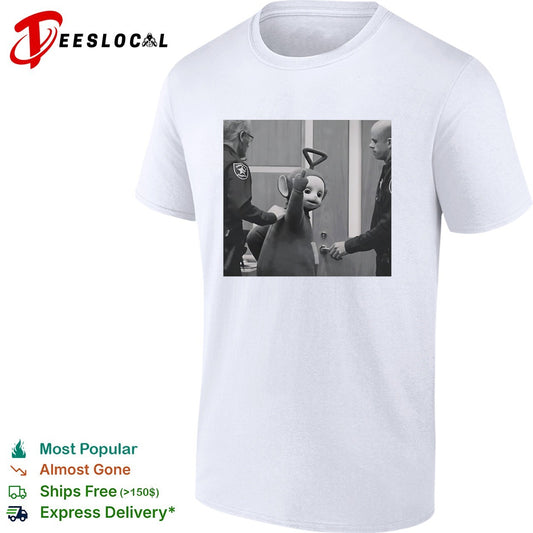 Teletubby character being arrested by two officers humorous photo parody shirt