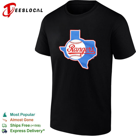 Texas Rangers Texas state outline baseball cursive script logo shirt