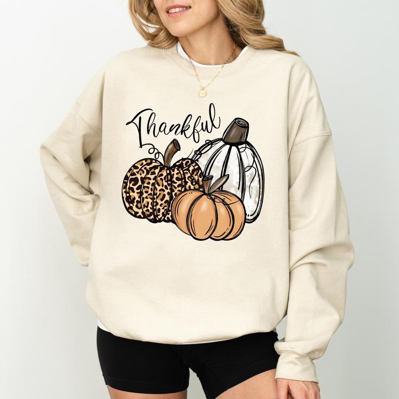 Thankful Sweatshirt, Thanksgiving Crewneck, Leopard Pumpkins Long Sleeves Pullover, Fall Vibes Sweater, Thanksgiving Gifts