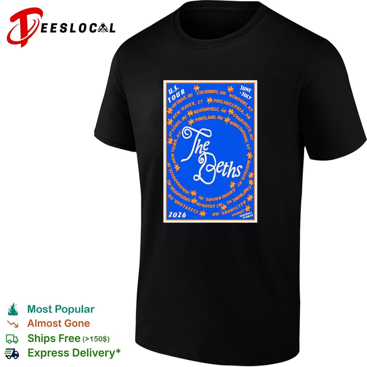 The Deths 2026 US tour cities poster shirt