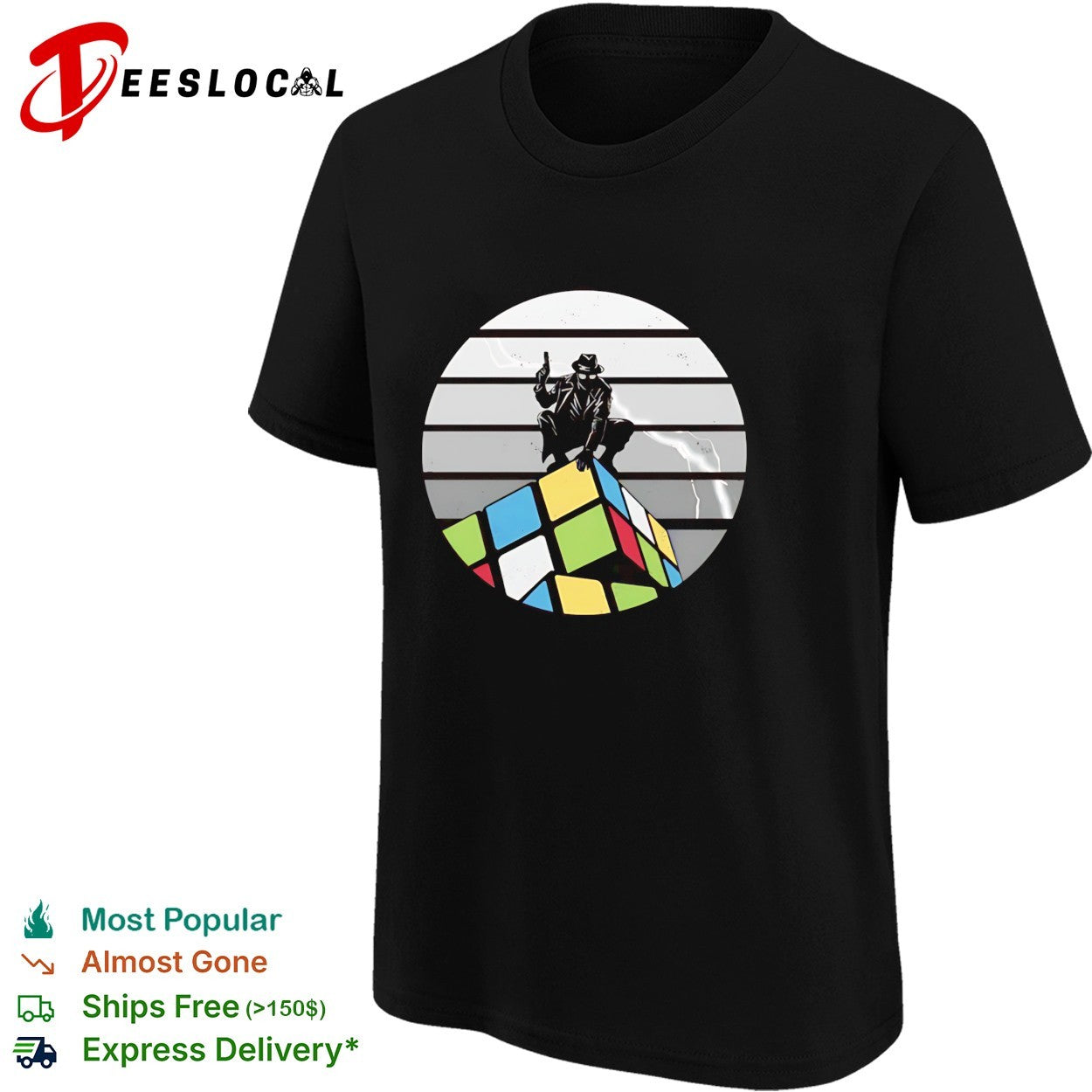 The Unsolved City Spider-Man Noir atop a Rubik’s Cube retro shirt